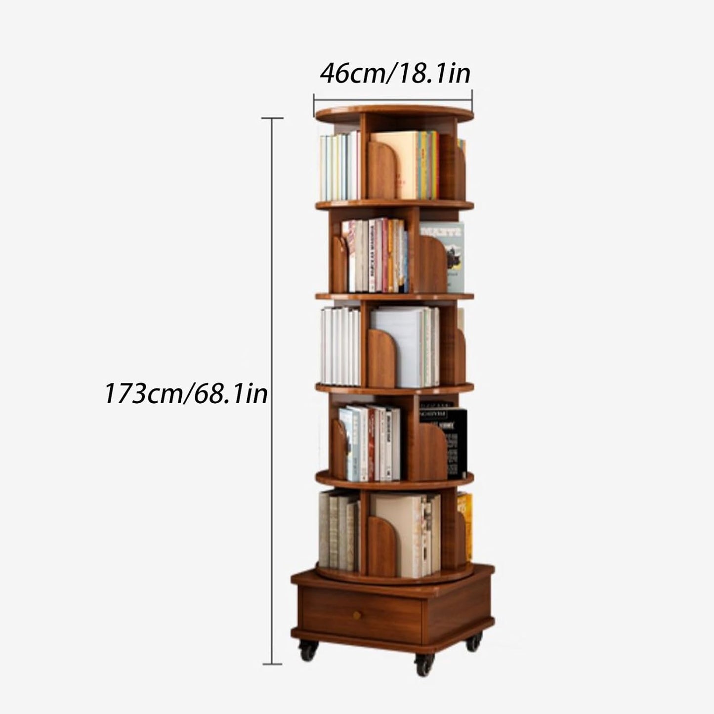Mobile Bookshelf with Wheels and Drawers 5 Tier Wooden Bookcase Corner Tall Book Shelf Modern Wooden Rotating Bookcase Shelves Floor Freestanding for Living Room Corner Easy Assemble (Color : Wood co