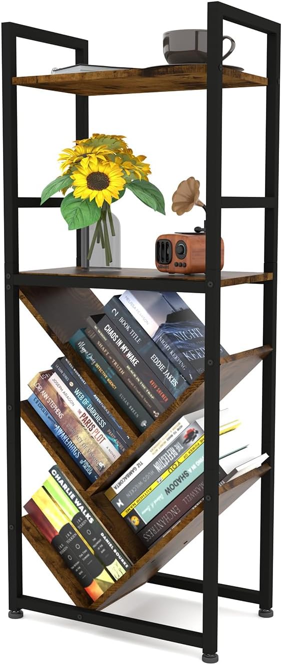 6-Tier Tree Bookshelf for Corner & Small Spaces, Modern Rustic Metal Bookcase Storage Organizer for Books, CDs, Movies – Industrial Floor Standing Bookshelves for Bedroom, Living Room, Home Office