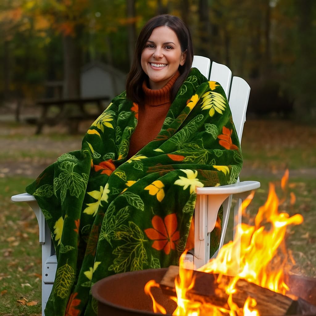 Fall Leaves Throw Blanket: Velvety Soft, Durable Fleece Accent for Bed Chair or Couch, Green Yellow Rust 50 x 70 inches