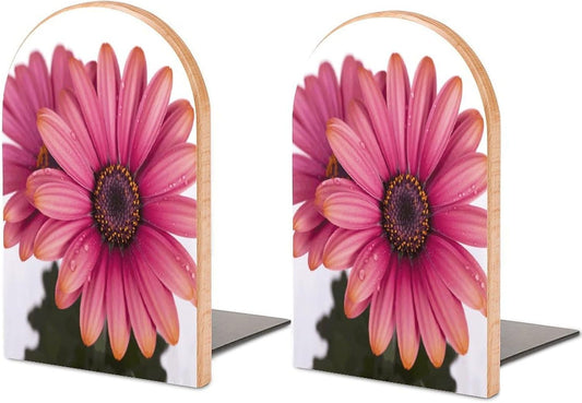 Pink Daisy Flower Bookends 1 Pair Heavy Duty Book Ends for Shelves Non-Skid Bookend Supports Wooden Book Holders with Metal Base Desk Organizers Books Storage to Hold Books