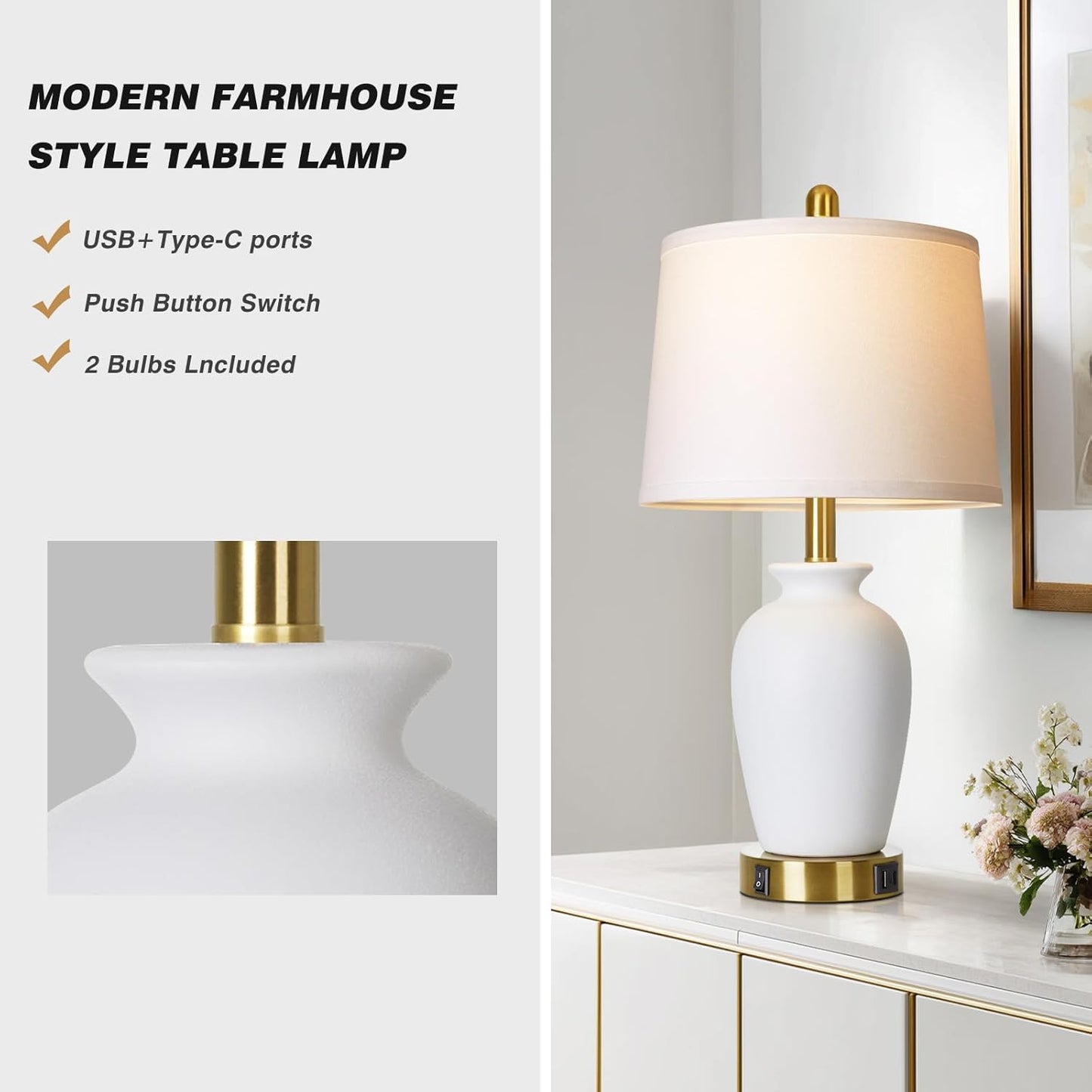 Set of 2 White Ceramic Modern Table Lamps with Ginger Jar Design - for Living Room,Dining Room,Bedroom,Office,Nightstand,End Table