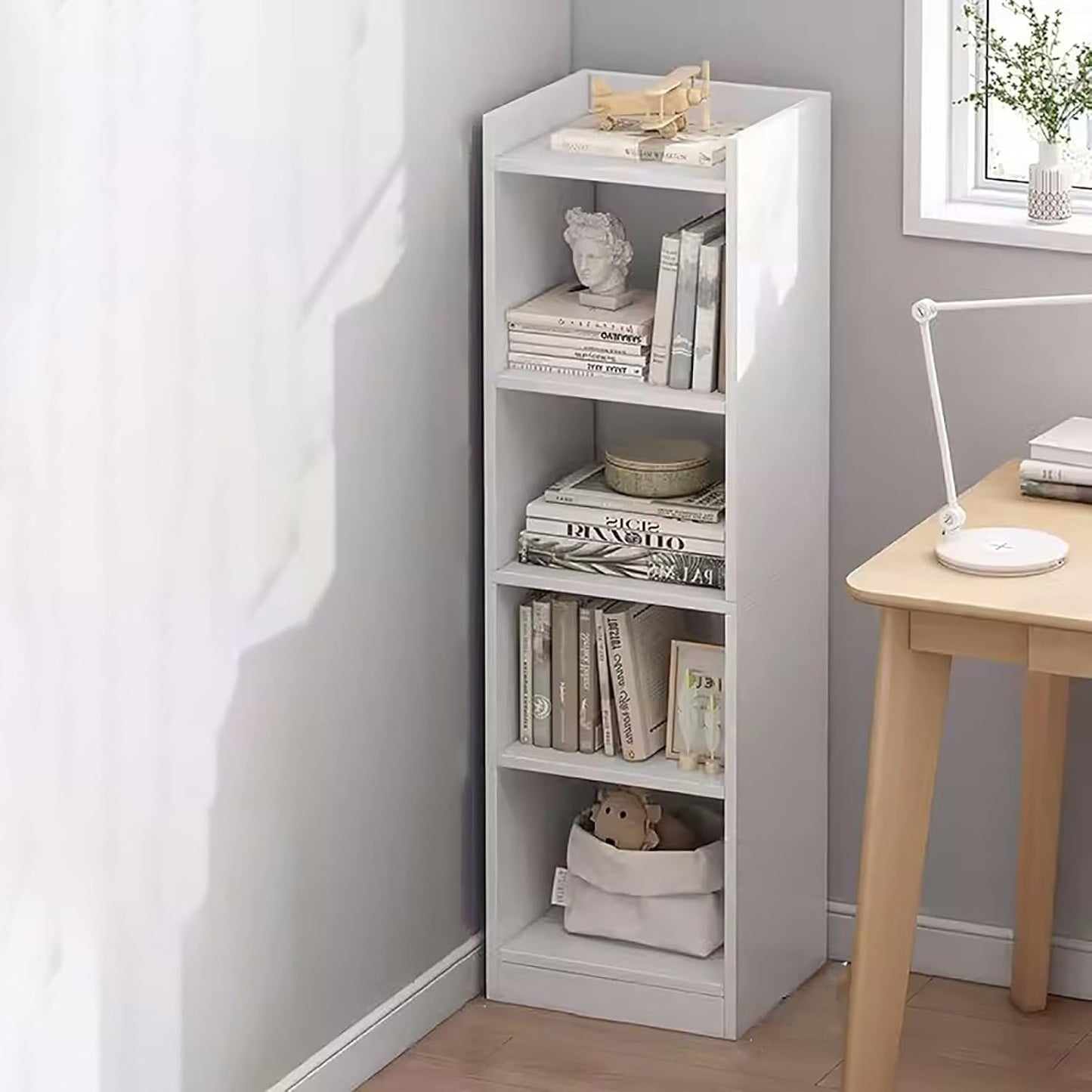 Tall Narrow Corner Bookcase - Four-Tier White Bookshelf with Open Shelves, Space-Saving Storage Tower Rack, Modern Cubes Shelf for Small Spaces