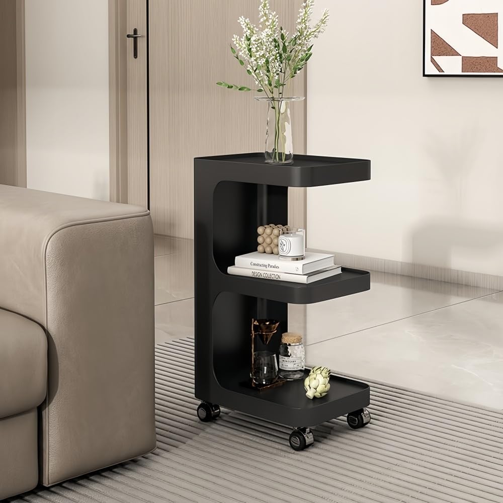 E-Shaped 3-Tier Sofa Side Table with Storage - Rolling Iron Corner Table for Small Spaces, Living Room, Apartment, Studio & Reading Nook