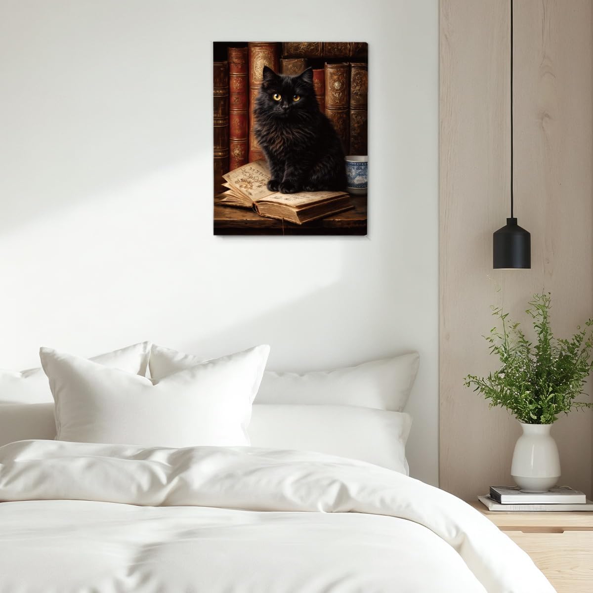 Vintage Bookshelf Cat Wall Art Black Cat Reading Canvas Print Poster Bookish Wall Decor for Home Reading Nook Library 8x10 Inch Framed