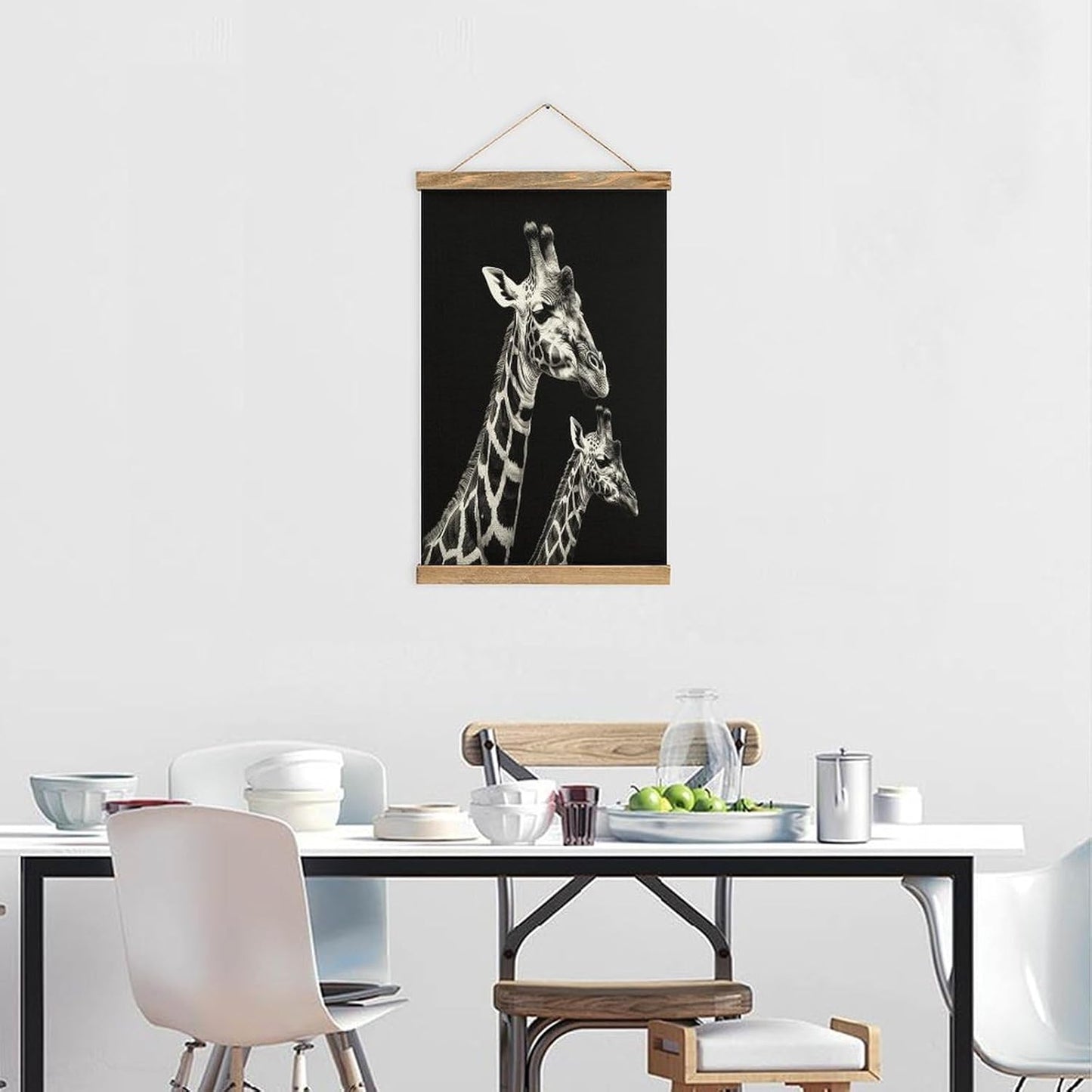 Vintage Black Giraffe Poster with Wooden Frame Personalized Linen Hanging Scroll Painting Rustic Wall Hanging Illustrative Modern Artwork Decor for Home Living Room Bedroom Office