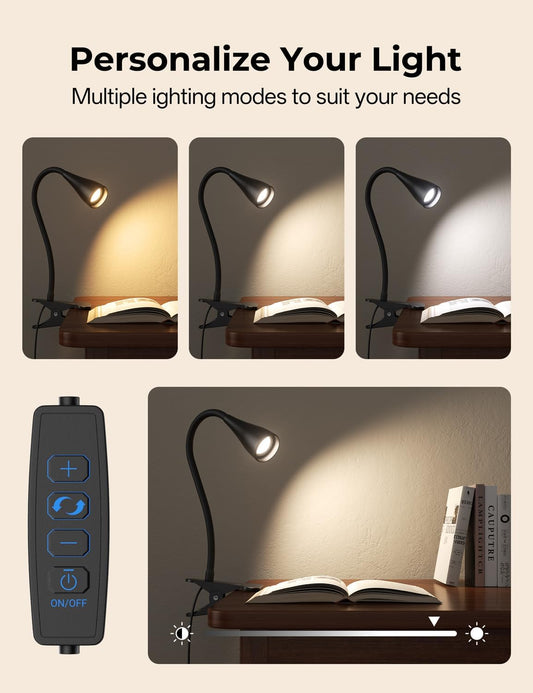 Clip on Light, Desk Lamp with Clamp and Adapter, LED Eye Caring Reading Light for Bed with 3 Colors & 10 Brightness Levels, Clamp Light with Flexible Gooseneck for Bedroom, Office, Dorm