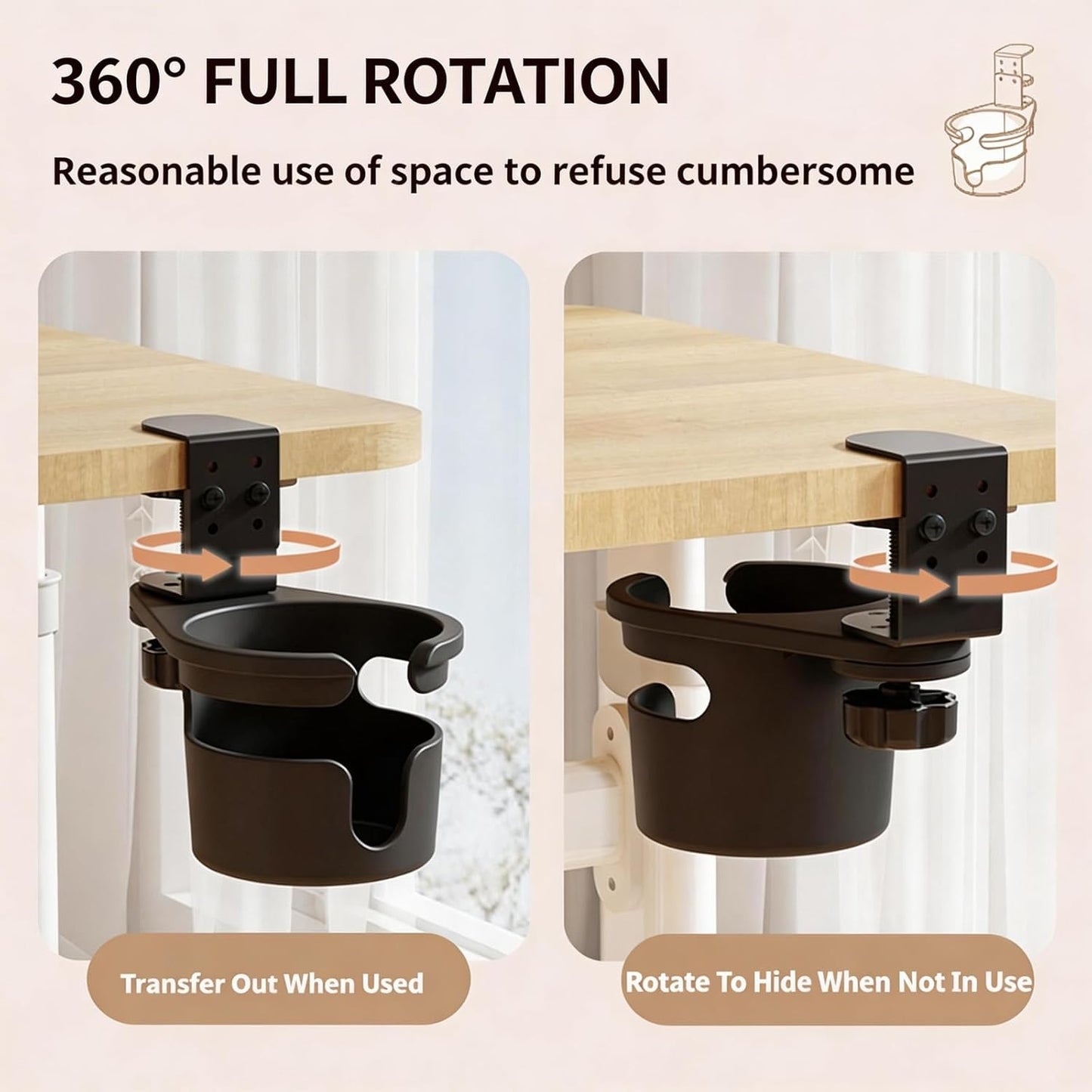 No Drill Desk Cup Holder Clamp, 360° Rotating Anti-Spill Table Cup Holder, Adjustable Clip on Cup Holder for Gaming Desk, Gamer Gift, Drink Holder for Coffee Cup, Office Accessories (Sleek)