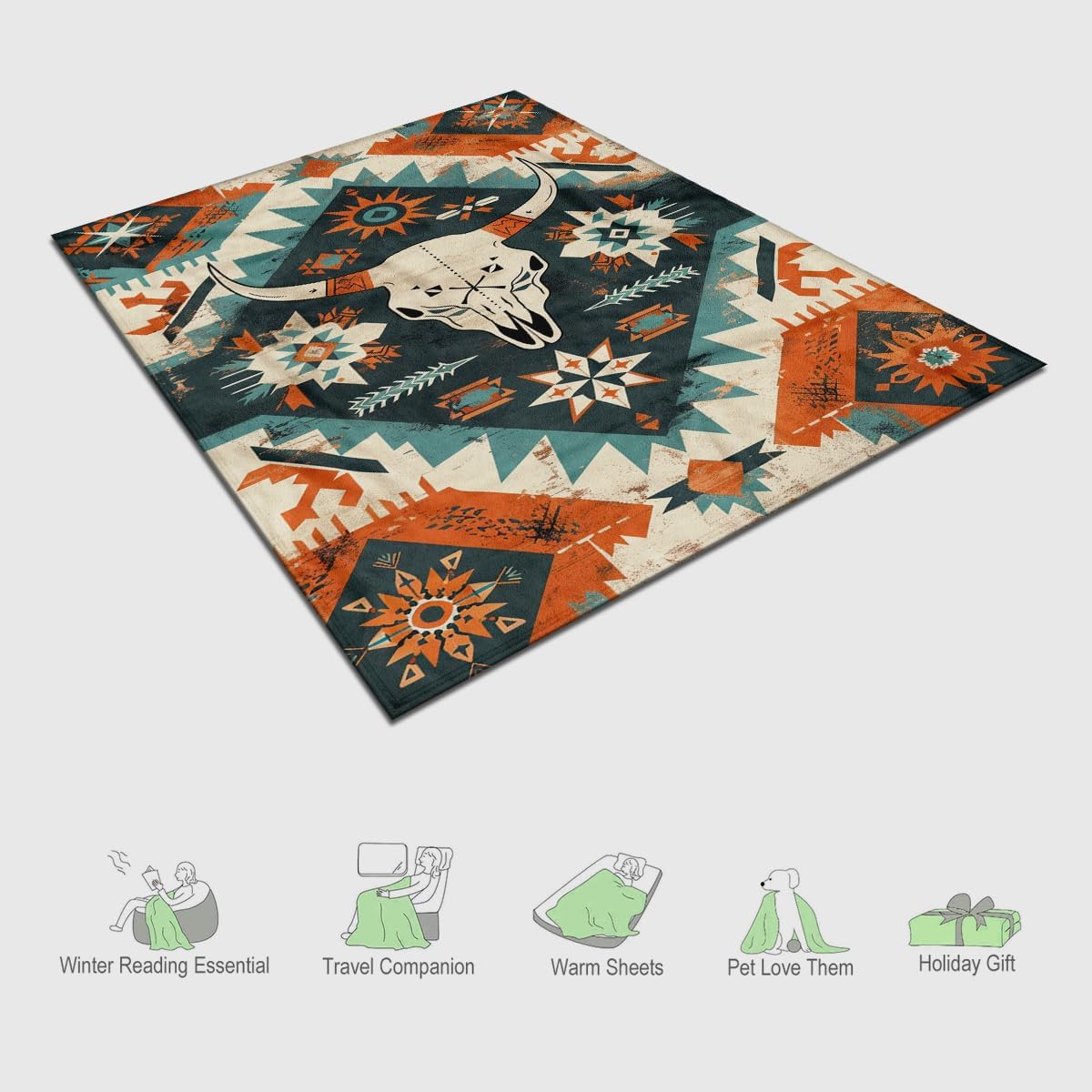 Southwestern Tribal Throw Blanket, Bull Skull Aztec Soft Fleece Blanket for Naps, Outdoor, Travel, Office, Gift (50 x 60 inch)
