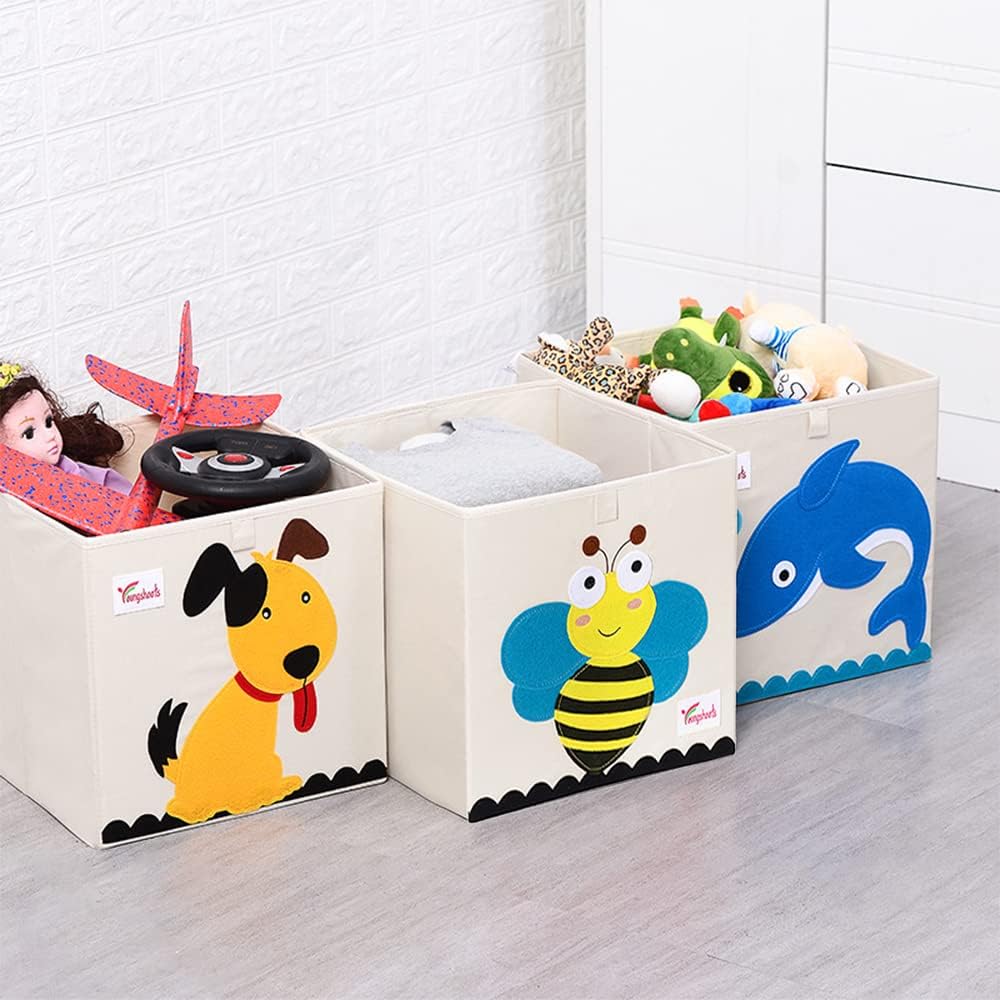 2 Pcs Foldable Animal Toy Storage Box/Bin/Cube, Collapsible Storage Organizer Chest Basket Container for Kids, Toddlers, Boys and Girls(13 x 13 x 13 Inch, Lion & Bee)