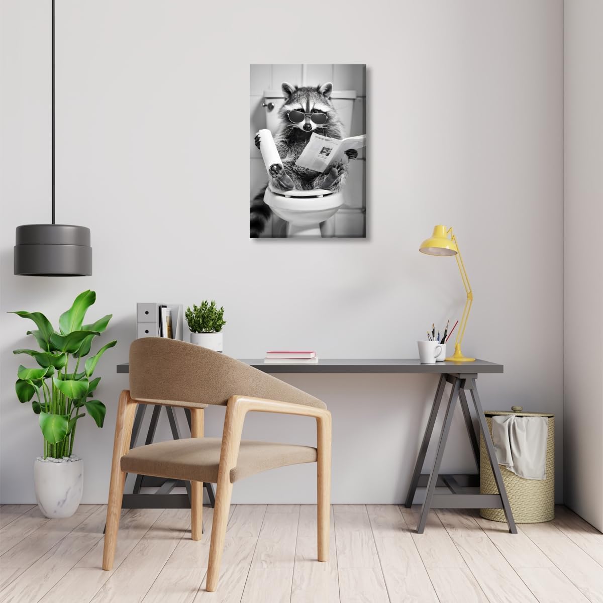 Funny Bathroom Wall Art Raccoon on Toilet Reading Newspaper Poster Trendy Black and White Art Aesthetic Canvas Prints for Bedroom Toilet Wall Decor12x18inch Unframed