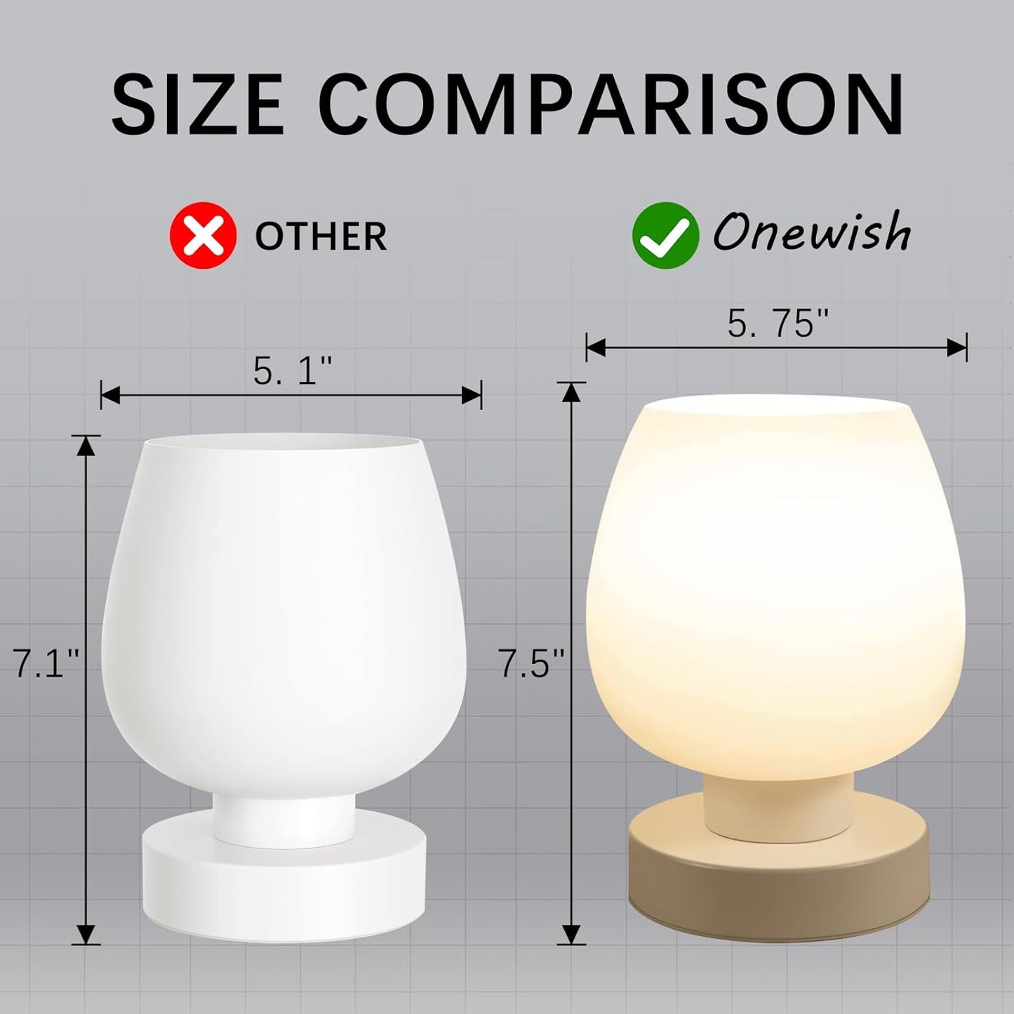 ONEWISH Small Bedside Lamp for Bedroom, 3-Way Dimmable Touch Control, 600 Lumen Bright Opal Glass Shade, 7.5 Inch Ultra Compact Nightstand Lamp, Warm White 2700K LED Bulb Included, Modern Design