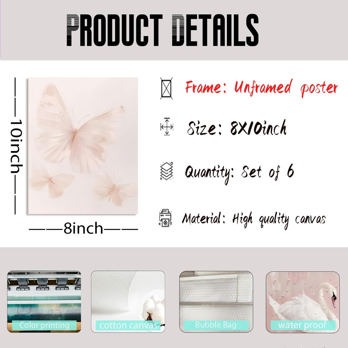 Coquette Girl Nursery Wall Art White Swan Preppy Painting Pink Butterfly Floral Pictures Aesthetic Canvas Posters Vintage Nursery Artwork for Girls Room Bedroom College Dorm 8x10 Inch Unframed