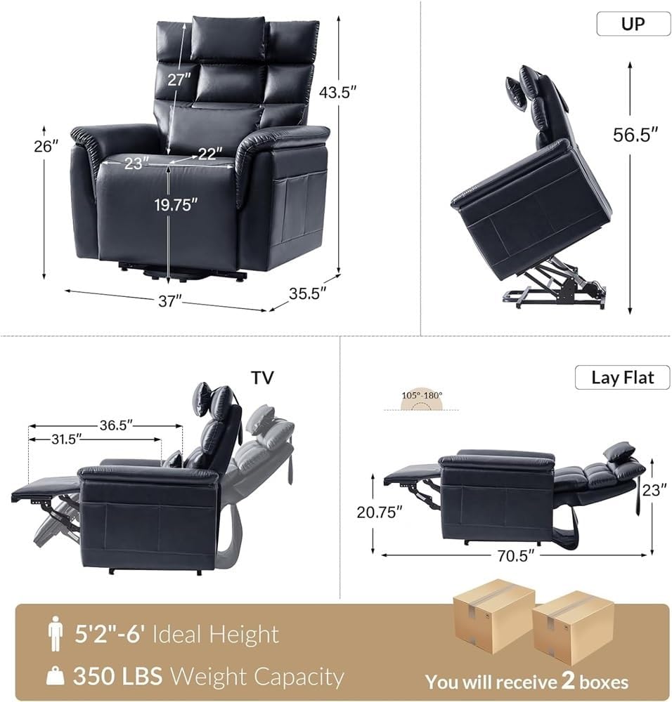 Power Lift Recliner Chair for Living Room, Blue Leather Electric Recliner with Adjustable Headrest and Lumbar Pillow Support, Ergonomic Oversized Single Seating