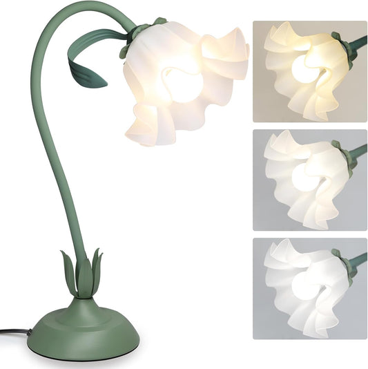 Flower Table Lamp for Bedroom, 3 Colors Flower Reading Light with E26 Bulb, Cute Lily Desk Lamp Bedside Lamps for Nightstands Home Decor, Adjustable Flexible DIY Floral Lamps for Living Room Office