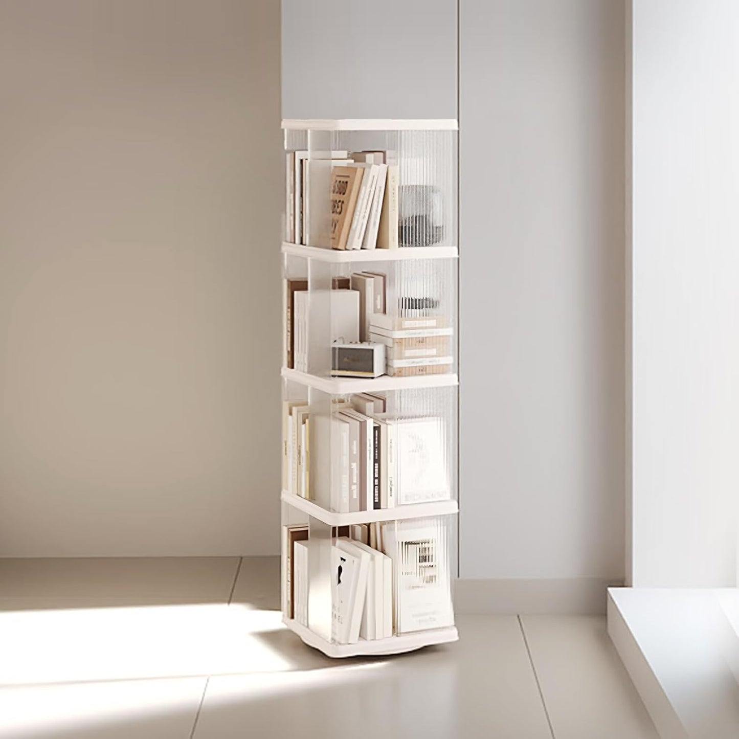 ELPHECO 4 Tier Rotating Bookshelf Rectangular Spinning Bookcase, Revolving Corner Bookshelf on Wheels, 360 Display Floor Standing Storage Rack, Book Shelf Organizer for Study, Living Room, Bedroom