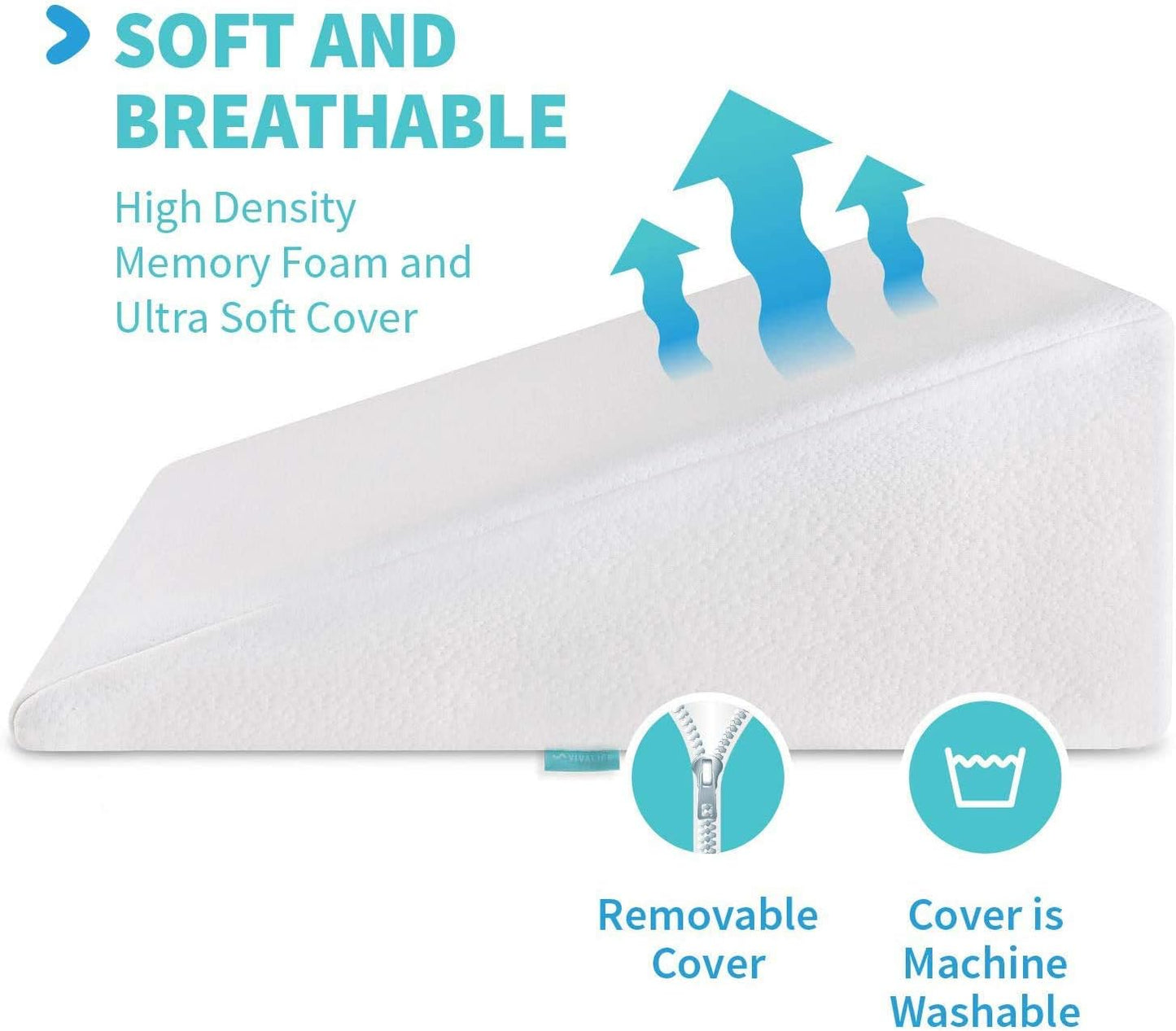 Vivalife Bed Wedge Pillow Gel Memory Foam Top - Cooling Elevated Support Cushion for Lower Back Pain, Acid Reflux, Heartburn, Allergies, Snoring - Ultra Soft Breathable Cover (10 Inch Wedge)