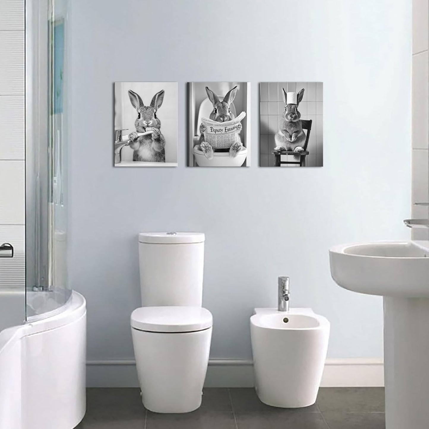 PoGoXiPoYo 3 Pieces Bunny Wall Art Canvas Prints Black and White Cute Rabbit Reading on Toilet Brush Teeth Bathroom Wall Decor Modern Artwork for Restroom 12"x16"x3