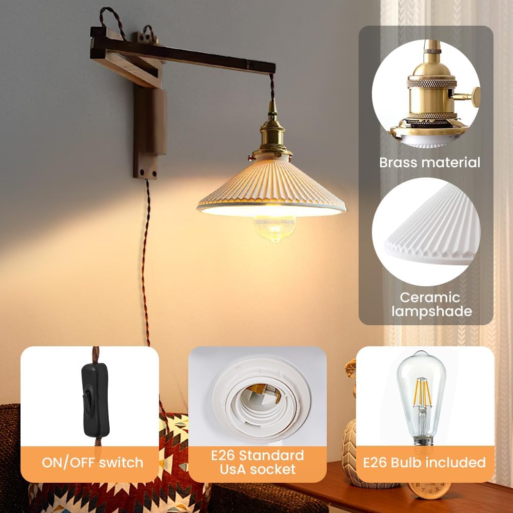 Walnut Plug in Wall Sconces,Vintage Japanese Swing Arm Wall Lamp Ceramic Shade Brass Socket for Bedroom Nightstand Bedside Reading,Bulb Included