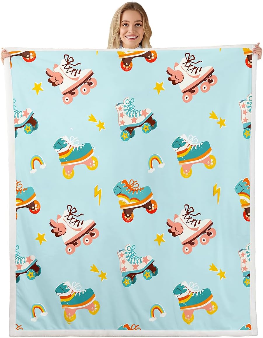 Manfei Skating Kids Throw Blanket,Roller Skates Winter Sports Games Bed Blanket for Boys Girls Adults,Rainbow Light Stars Cartoon Fleece Blanket,Blue Cute Fuzzy Blanket,Throw Size (50 x 60 Inches)