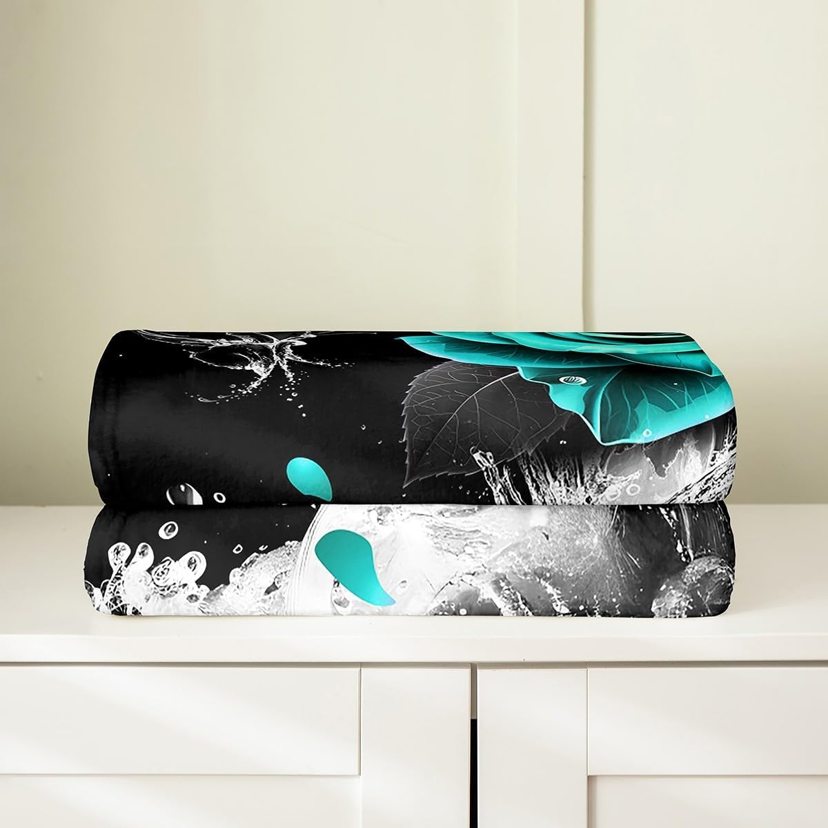 Feelyou Teal Rose Flannel Fleece Throw Blanket Throw 50"x60" Romantic Floral Blossom for Adult Black Teal Plush Blanket Reflection on Water