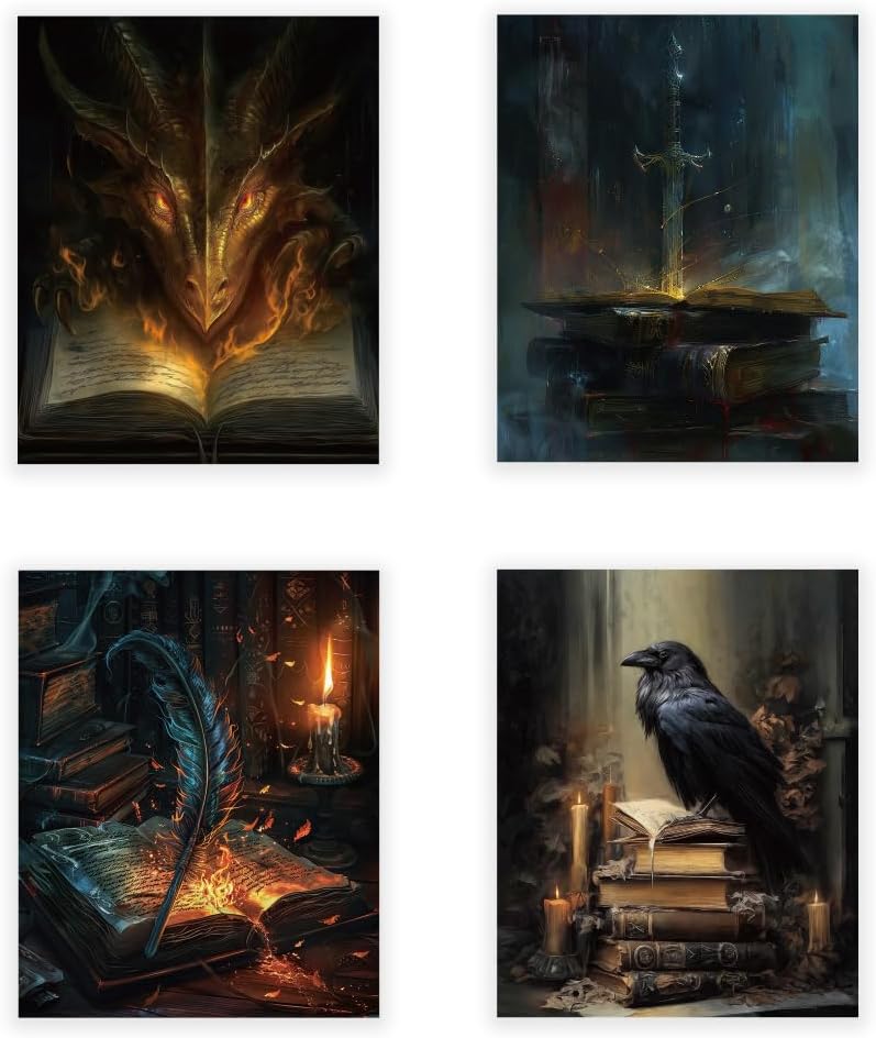 CRAFTYMELODY Book Dragon Bird Wall Art Prints Set of 4 Dark Style Fantasy Magic Poster Wall Decor Book Lover Artworks for Living Room Bedroom Classroom Office Decoration 8x10 Inch Unframed