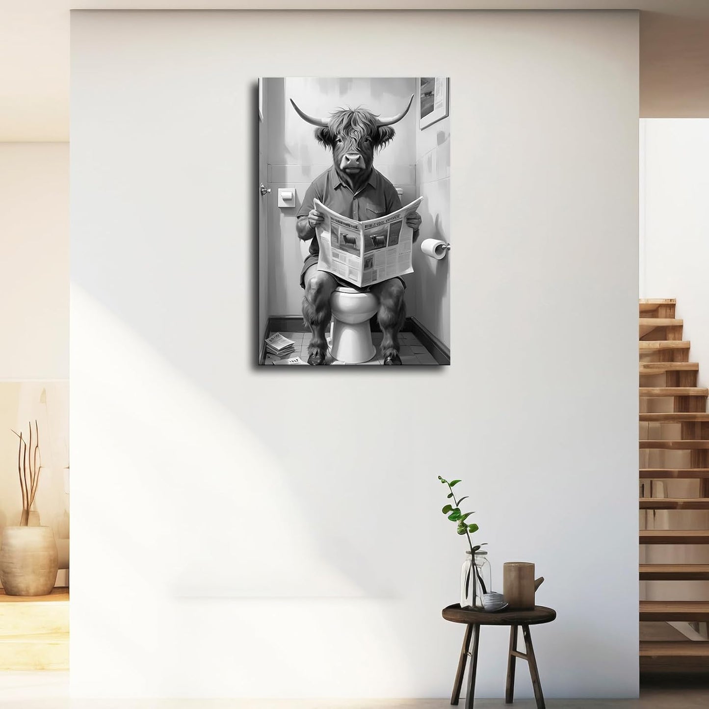 Wall Art Highland Cow reading the paper in the bathroom Canvas Poster Living Room Wall Art Bedroom Wall Decor Printins (16x24inch-No Framed)