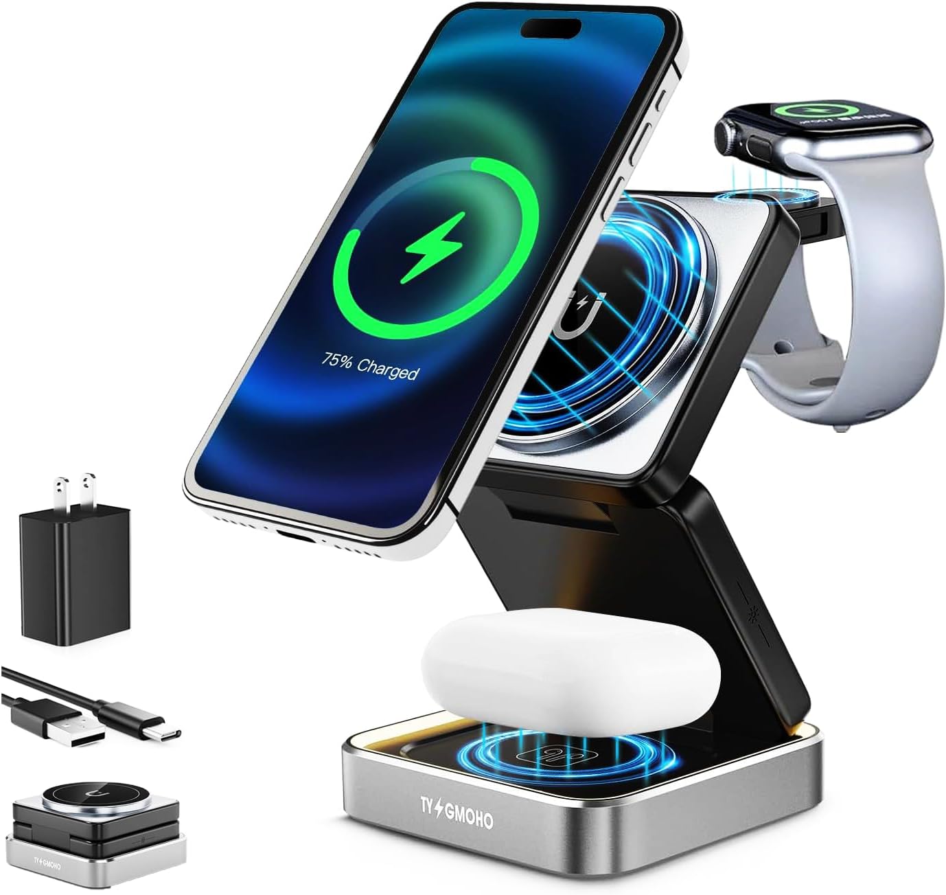Portable 3 in1 Magsafe Wireless Charger Station for Apple iPhone, Multiple Devices, Foldable Travel Charging Stations, Magnetic Fast Charger with Light for iPhone 12-16 Series for Apple Watch & Airpod