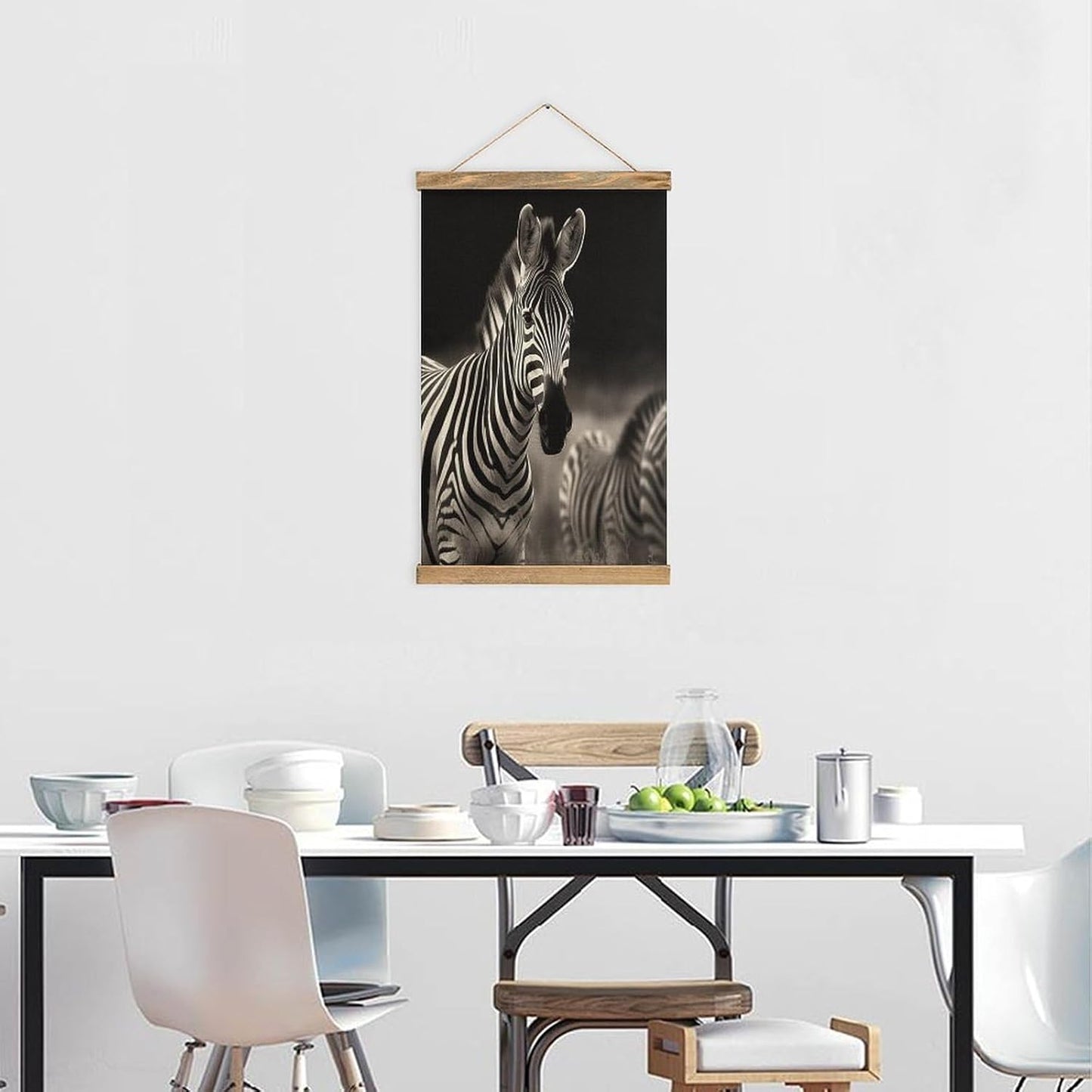 Vintage Wild Animals Zebra Poster with Wooden Frame Personalized Linen Hanging Scroll Painting Rustic Wall Hanging Illustrative Modern Artwork Decor for Home Living Room Bedroom Office