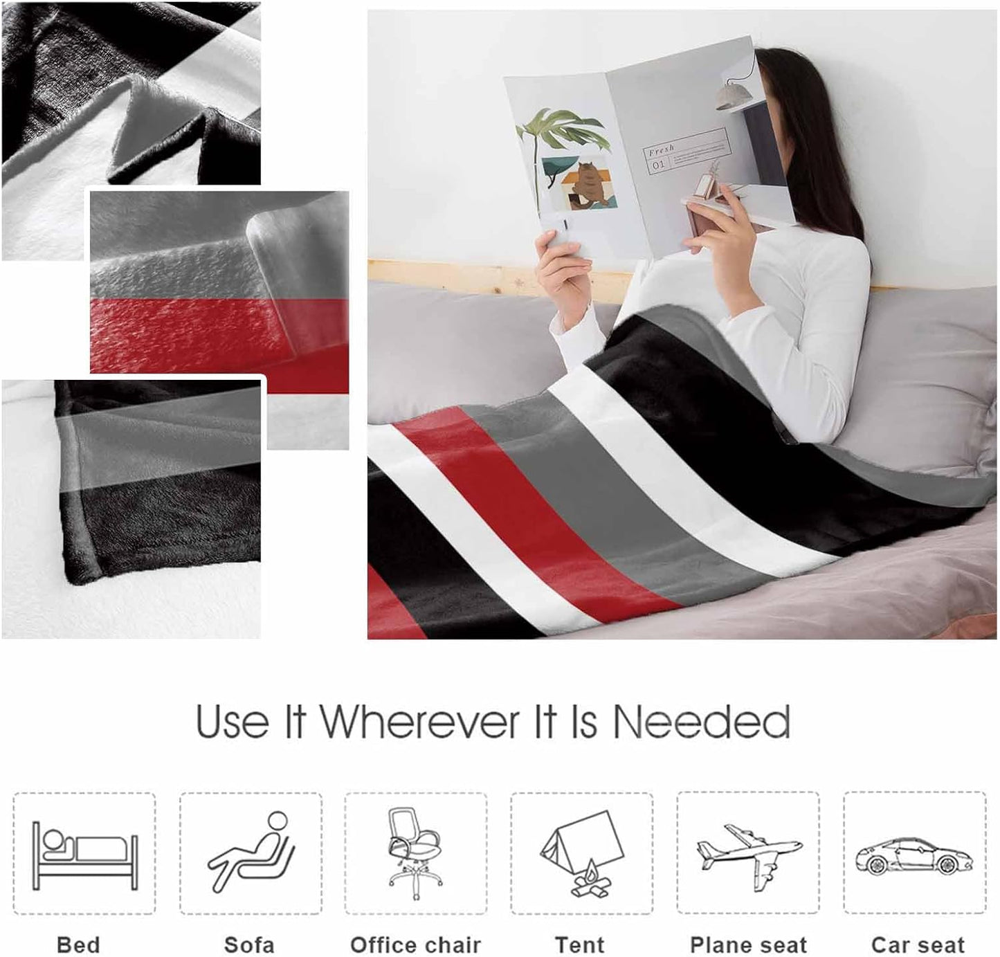 Red Black Stripes Throw Blanket, Geometric Striped Super Soft Warm Flannel Blankets for Bed Couch Sofa Lightweight Fluffy Plush Absract Bed Throws 50x60 Inch