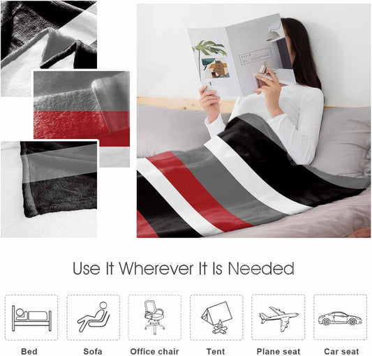 Red Black Stripes Throw Blanket, Geometric Striped Super Soft Warm Flannel Blankets for Bed Couch Sofa Lightweight Fluffy Plush Absract Bed Throws 50x60 Inch