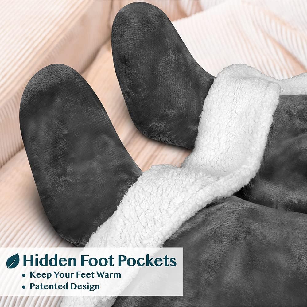 PAVILIA Sherpa Blanket with Sleeves, Foot Pocket for Women Men Adults, Thick Wearable Blanket Throw Wrap, Fleece Warm Snuggle Blanket Robe, Cozy Gift Ideas Wife Mom, Dark Gray