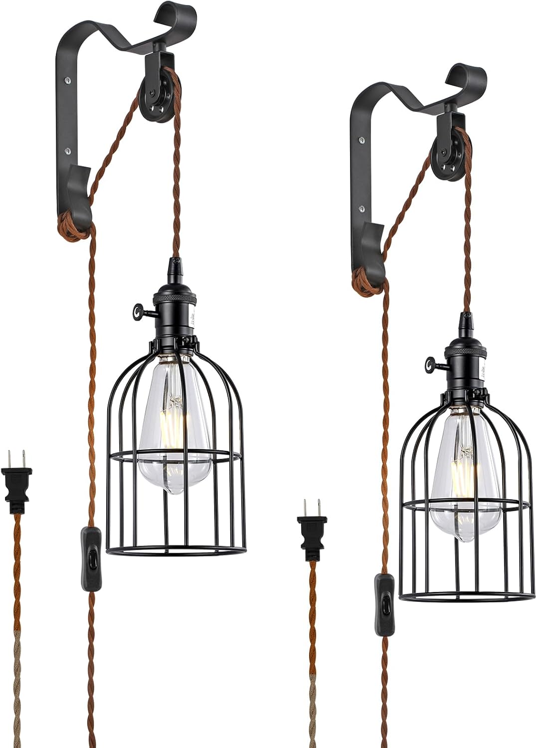 SEEBLEN Wall Sconces Plug in of 2, Industrial Wall Lamp with Plug in Cord,Black Vintage Wall Sconce with 6.5ft On/Off Switch Cord,Height Adjustment Wall Lights for Bedroom Reading Headboard.