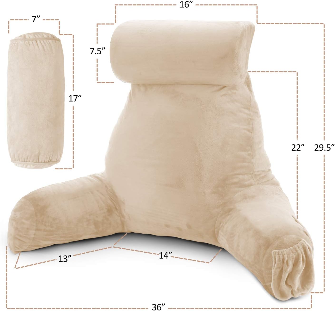 Clara Clark Reading Pillow, Back Rest Pillow for Sitting in Bed with Arms for Kids & Adults - Premium Shredded Memory Foam TV Sit Up Pillow - Large, Cream