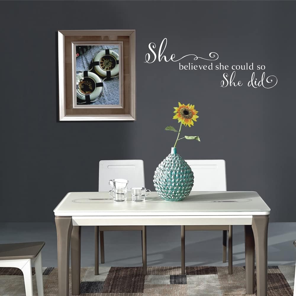 She Believed She Could so She Did - Pure Black Vinyl Wall Decal Carved Letters Girls Inspirational Quote Positive Kids Saying Sticker Home Art Decoration - White