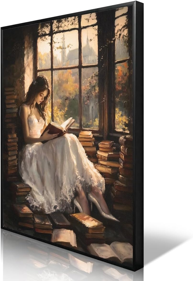 YOZWNGU Victorian Woman Reading Canvas Wall Art, Dark Academia Library Book Nook Poster, Moody Bookish Art Print, Vintage Classic Girl Read In Window Painting Gift for Book Lover 8x12in Unframed