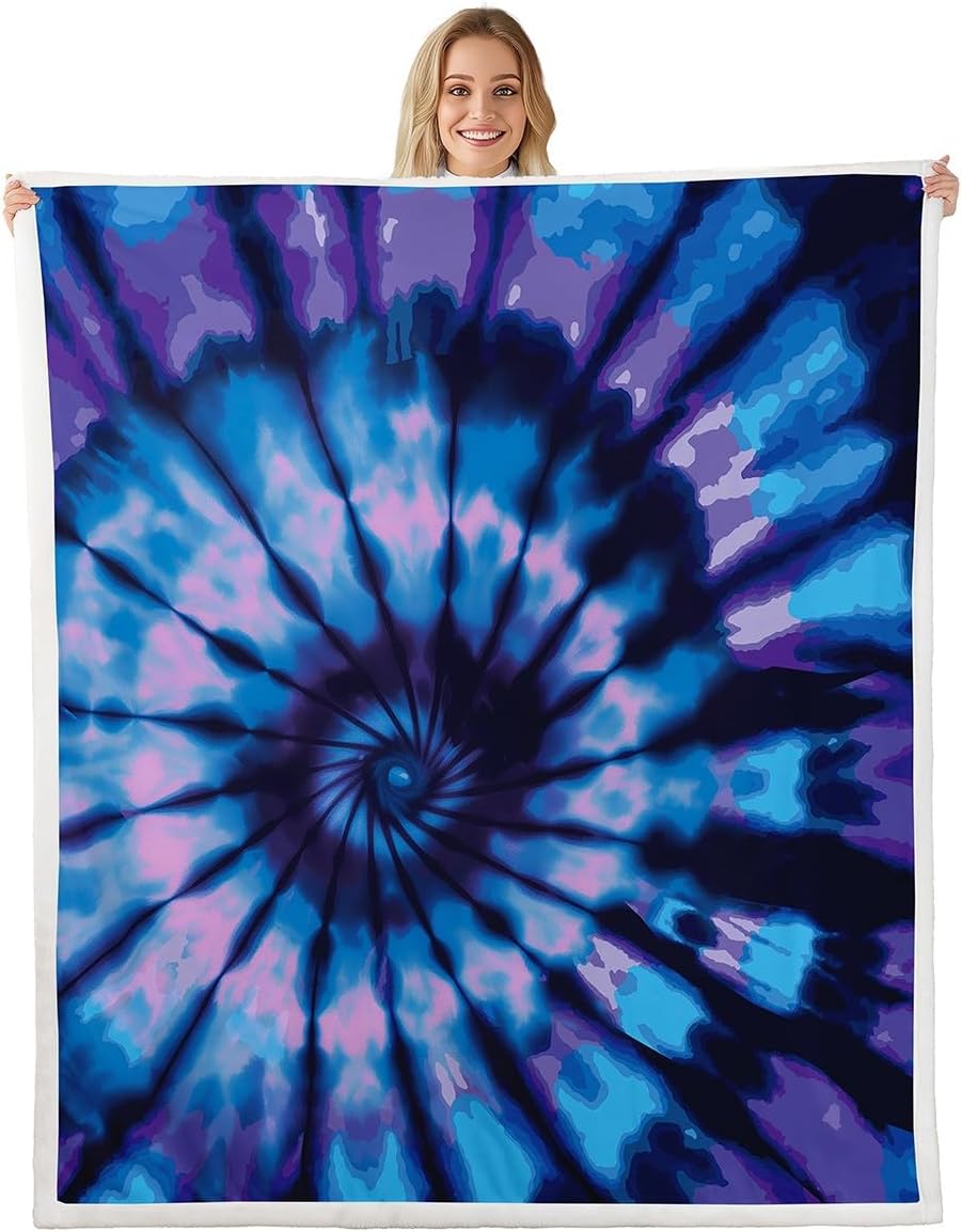 Tie Dye Fleece Blanket, Spiral Tie Dye Bed Blanket, Lightweight Super Soft and All Season Warm Fuzzy Plush Cozy Luxury Plush Blanket Microfiber, Gypsy Hippie Boho (Purple Blue) Queen 90"x90"