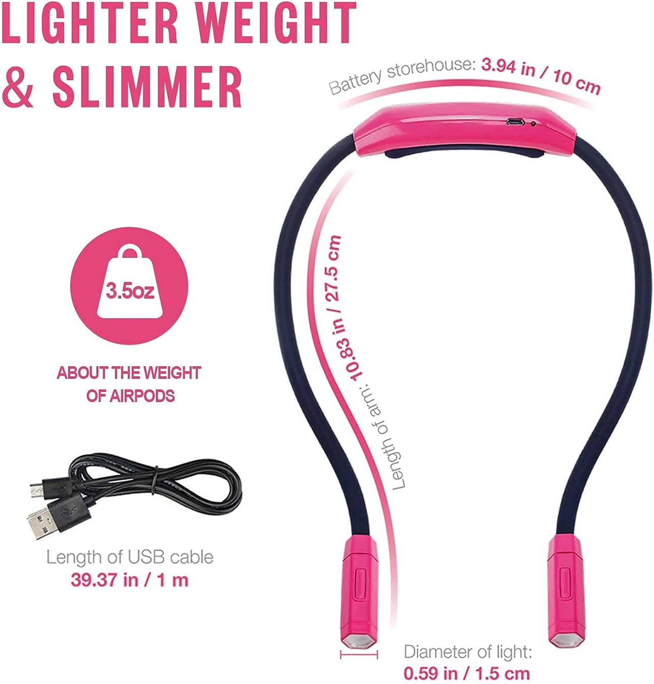 Vekkia Lightweight Neck Reading Light - 3 Colors, 9 Brightness. Rechargeable, Hands - Free, Portable. for Bed Reading, Knitting, Sewing, Crafting. Appeals to Repair & Craft Fans （Pink