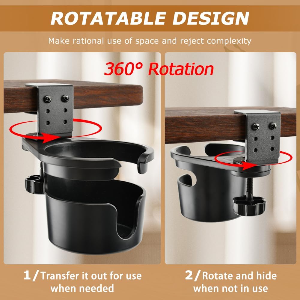 Deep Desk Cup Holder Clamp 360° Rotating for Table, Anti-Spill Cup Holder for Desk, Office Accessories to Hold Coffee Mugs, Gift for School, Gamer and Office(Color:Black)