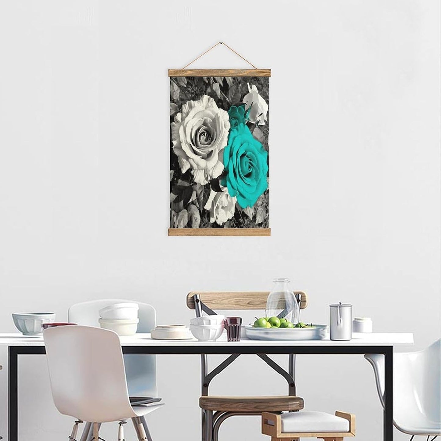 Vintage Black White Teal Gray Rose Flowers Poster with Wooden Frame Personalized Linen Hanging Scroll Painting Rustic Wall Hanging Illustrative Modern Artwork Decor for Home Living Room Bedroom Office