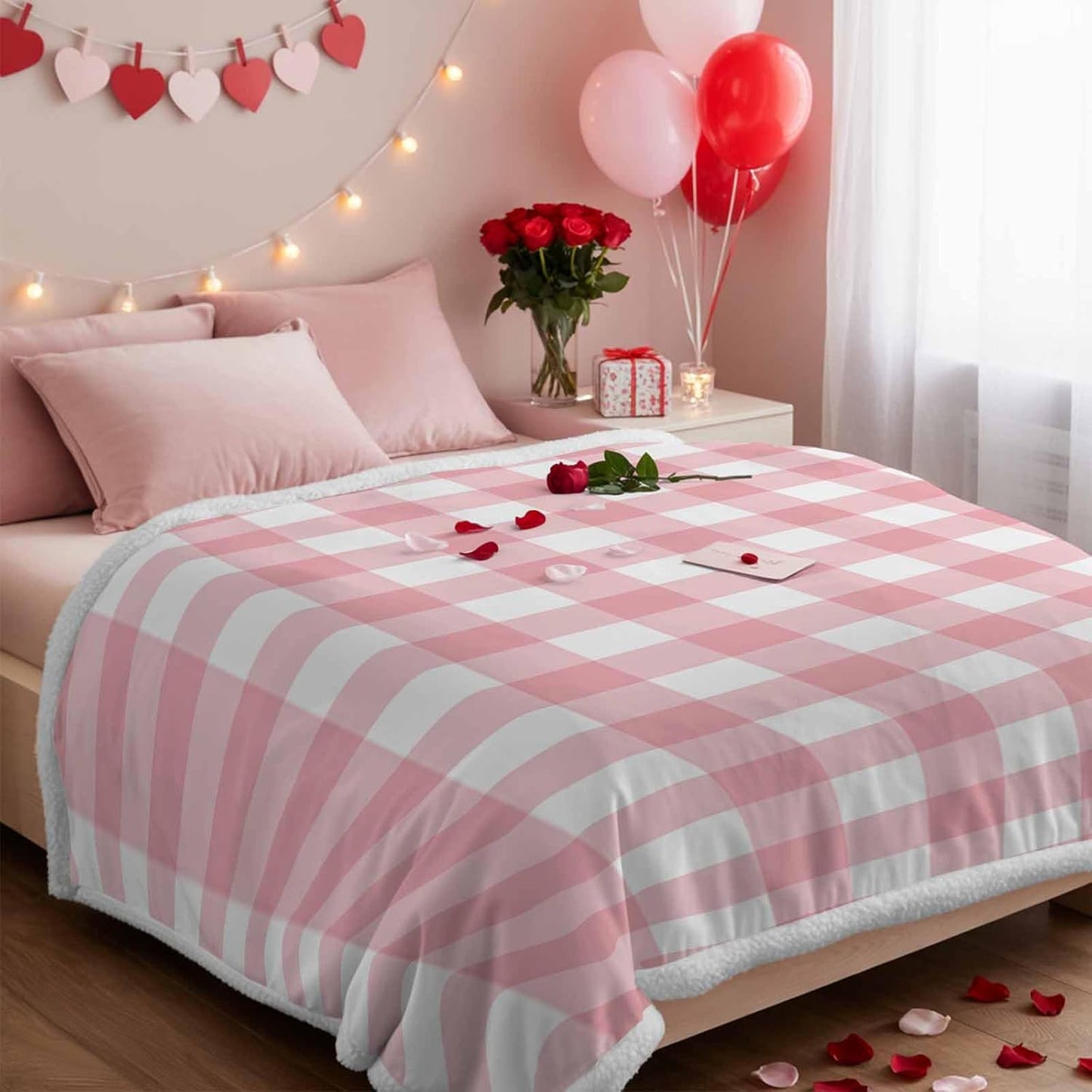 Valentine's Day Sherpa Throw Blankets Romantic Love Flannel Fleece Blanket Pink Buffalo Check Plaid Soft Cozy Warm Reversible Fluffy Plush Blankets and Throws for Couch Bed Sofa All Season 40x50