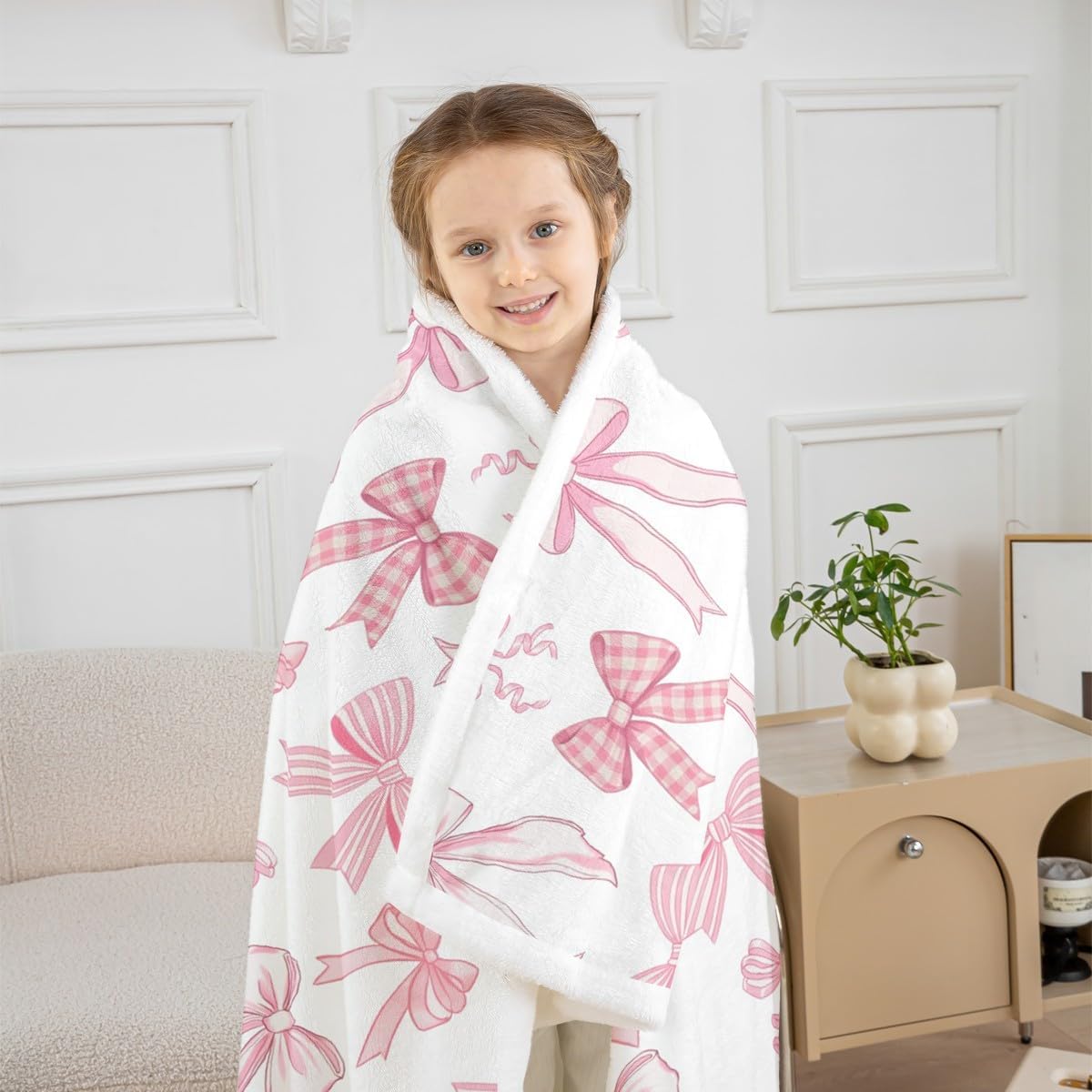 Manfei Bowknot Kids Throw Blanket Kawaii Pink Bow Tie Fuzzy Blanket for Girls Princess Room Decor, Cute Bow Print Blanket for Bed Couch Sofa, Soft and Breathable Fleece Blanket(50 x 60 Inches)