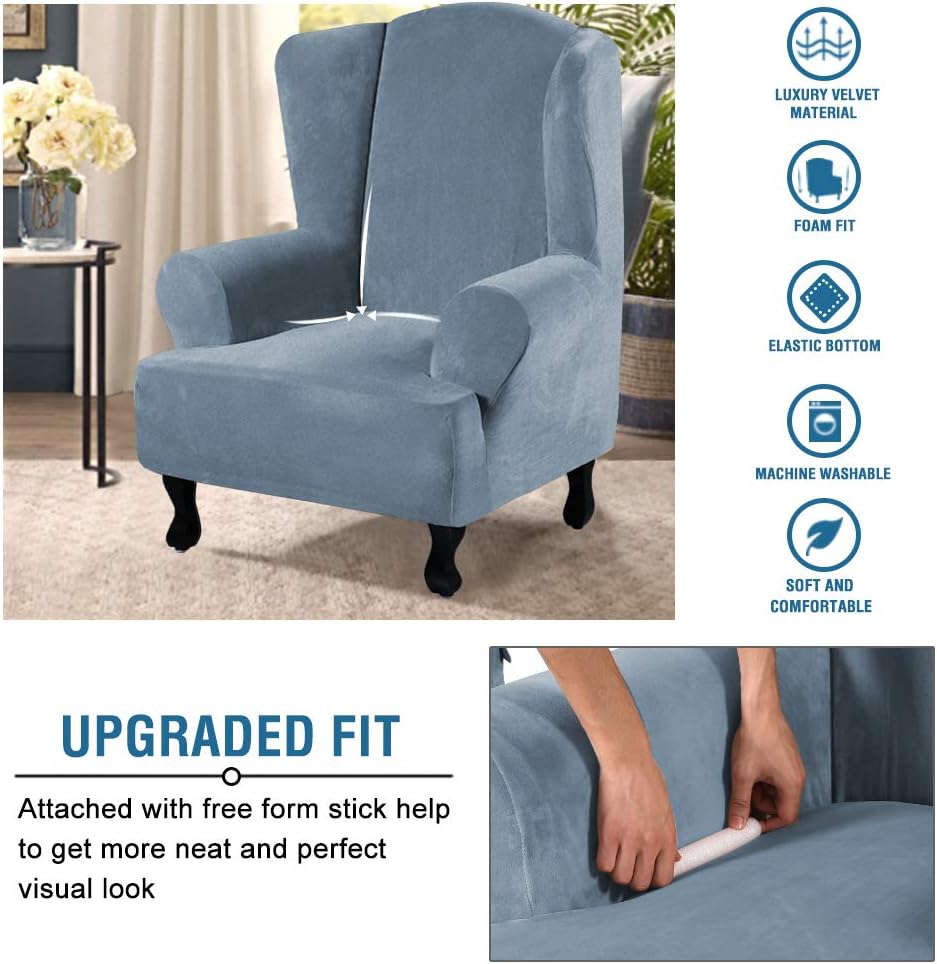 H.VERSAILTEX Wingback Chair Covers Velvet Plush Wing Chair Slipcover 1 Piece High Stretch Wing Back Chair Slipcovers Sofa Cover Furniture Cover with Elastic Bottom, Stone Blue