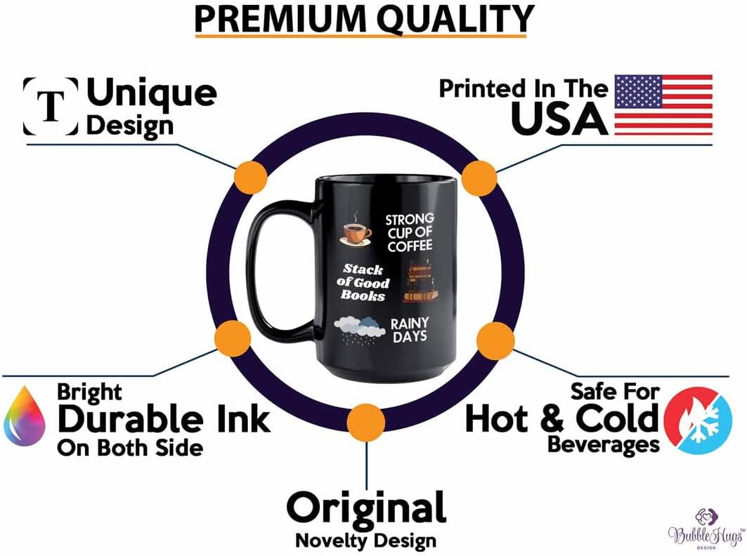 Reading Coffee Mug 15oz Black - Coffee Book Rainy Days - Reader Gift Bookworm Owl Lover Cat Lover Book Lover Novelist Librarian Writer