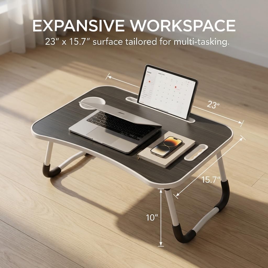 BUYIFY Folding Lap Desk, 23 Inch Portable Wood Black Laptop Bed Desk Lap Desk with Cup Holder, for Working Reading Writing, Eating, Watching Movies for Bed Sofa Couch Floor
