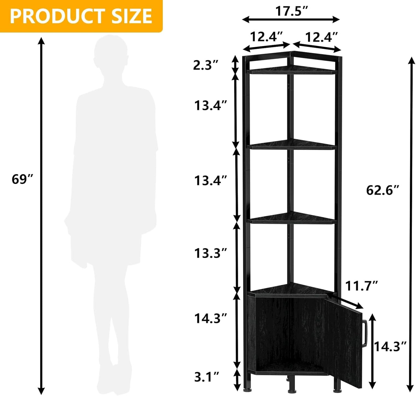 Furnulem Corner Shelf,5-Tier Corner Cabinet with Storage and LED Light, 62.8” Standing Display Bookshelf for Bedroom, Living Room, Kitchen, Wood Display Shelf (Black Oak) | with Storage, LED Light, for Bedroom, Living Room, Kitchen