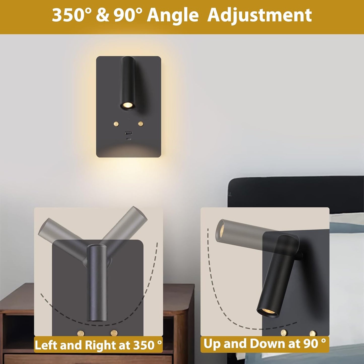 ZEROUNO Dimmable Wall Mounted Reading Light Set of 2,Adjustable Headboard Plug in Wall Sconce with USB A+C Ports,Touch Control Wall Light for Bedroom Bedside Lamps