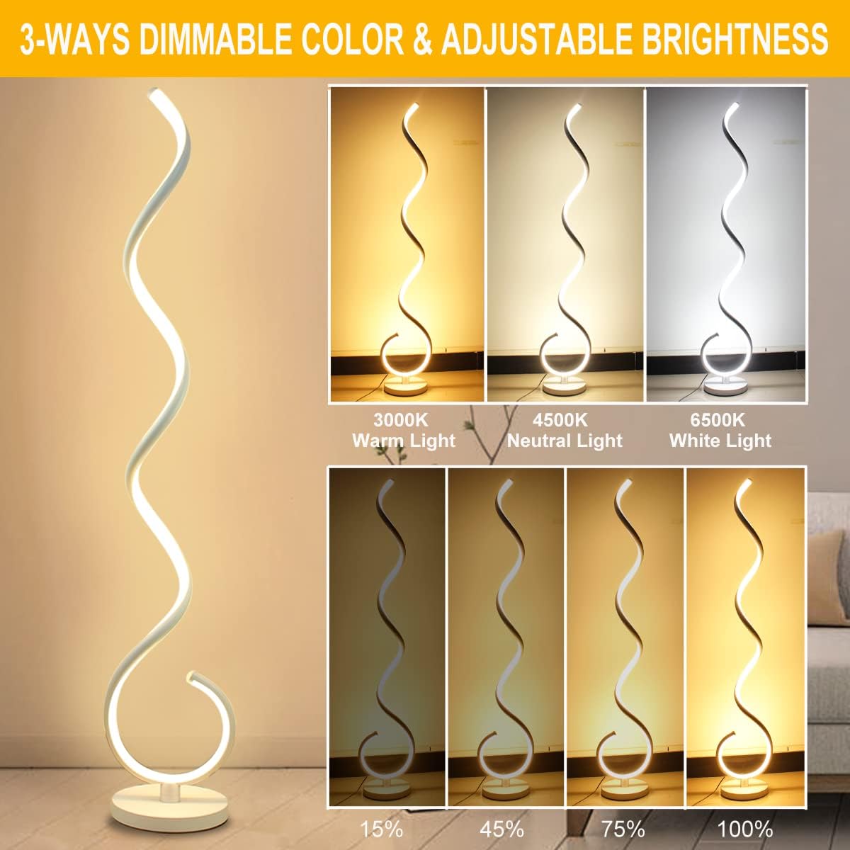 Spiral LED Floor Lamp, 40W Dimmable Floor Lamps for Living Room with Remote Control, Stepless Adjustable Colors & Brightness Standing Lamp Reading Corner Floor Lamp for Bedroom, Office -White
