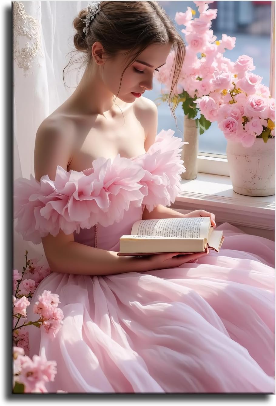 A woman in a pink dress reading a book Poster Wall Decor Wall Art Printing Picture Canvas Living Room Decor Painting Framed and Unframed. (12x18inch-Framed)