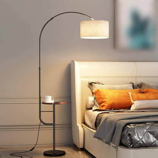 Arc Floor Lamp with Tray Adjustable Height Pole Lamp Linen Shade Standing Light Gold Iron Luxury Vertical Lights Corner Reading Standing Floor Lamps 3 Color Temperatures for Hotel Office