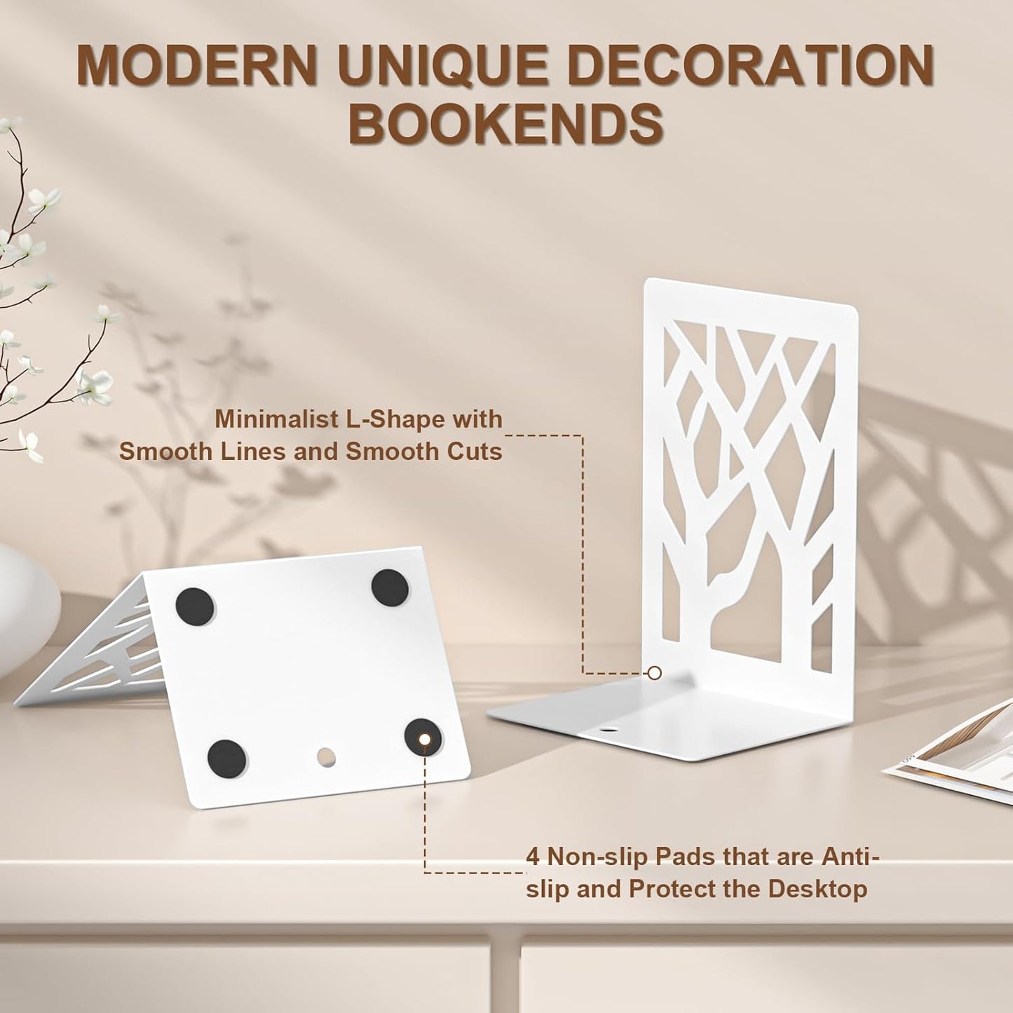 VFINE Withe Bookend 2-Piece, Tree Design Bookends for Shelves, Metal Book Ends for Desk, Decoration Stylish Bookshelf Bookends for Home Office School Supplies